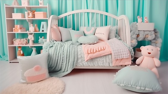 ein Babyzimmer mit einem Bett, vielen Kissen, Decken und einem Teddybär in Pastellfarben