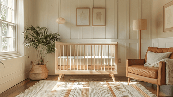 Ein helles und gemütliches Babyzimmer im modernen Landhausstil. Ein weißes Kinderbett mit Holzbeinen steht im Mittelpunkt des Raumes. Daneben steht ein großer Pflanzenkorb mit einer grünen Palme. Ein bequemer Ledersessel mit einem Wollüberwurf lädt zum Kuscheln ein. An der Wand hängen zwei gerahmte Bilder und eine Papierlaterne sorgt für zusätzliches Licht. Der Boden ist mit einem bunten Teppich ausgelegt.